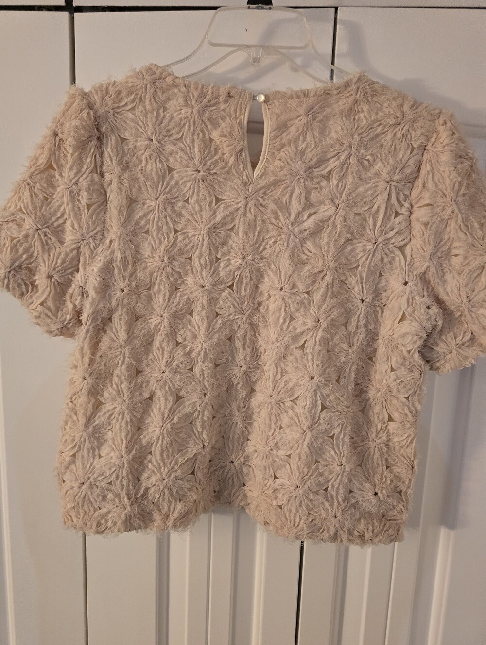 Adrianna Papell Floral Motif Crochet Texture Crew Neck Woven Shirt In Cream - Picture 5 of 11